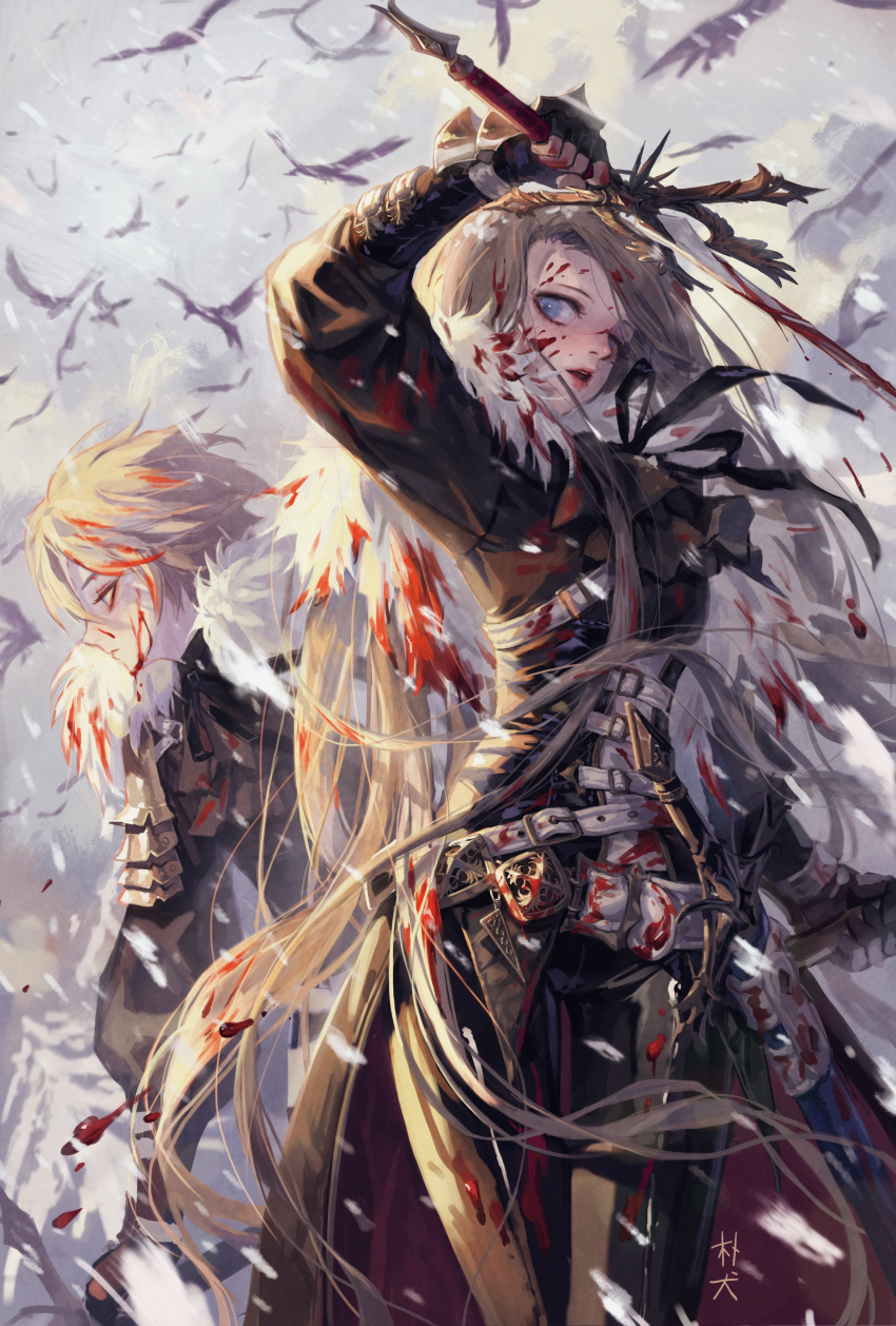 1boy 1girl absurdres bakgae bangs bird black_legwear blonde_hair blood blood_on_face blood_stain bloody_clothes bloody_weapon blue_eyes bracer cravat fur_trim hand_up highres holding holding_weapon legs_crossed long_hair looking_at_viewer military military_uniform neck_ribbon one_eye_closed original pauldrons ribbon scabbard sheath snow standing swept_bangs sword thigh_gap uniform weapon