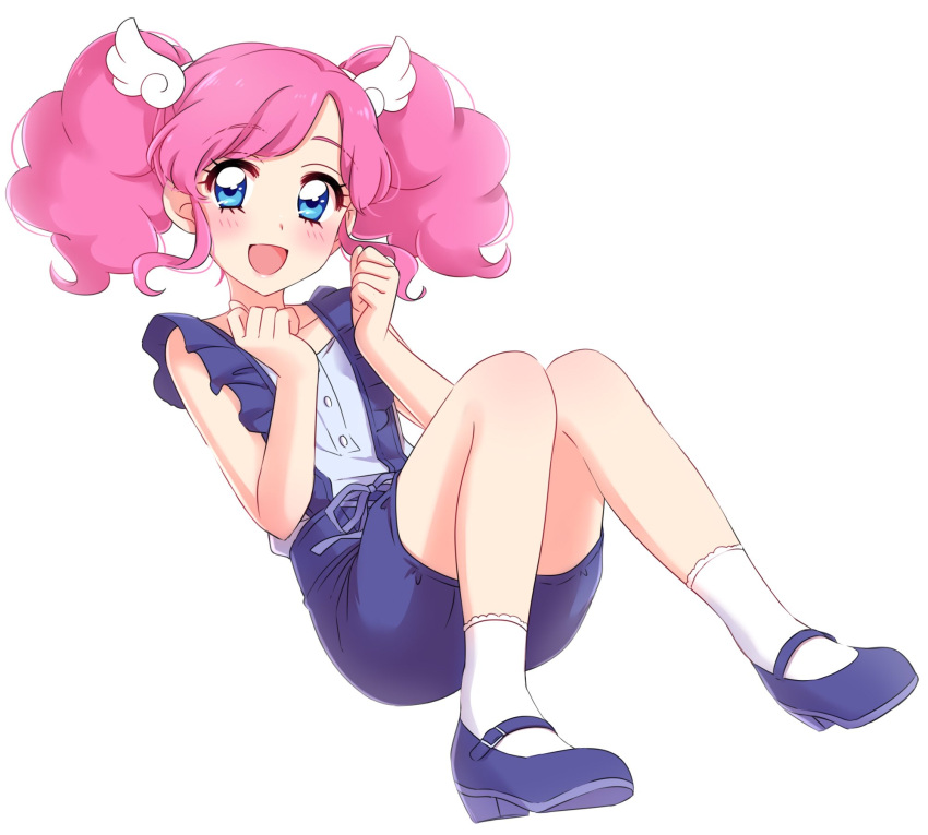 1girl :d aikatsu! blue_eyes blue_shoes blue_shorts blush character_request commentary_request eyebrows_visible_through_hair hands_on_own_chest highres looking_at_viewer mary_janes medium_hair open_mouth pink_hair sekina shirt shoes shorts simple_background smile socks solo suspender_shorts suspenders twintails white_background white_legwear white_shirt wing_hair_ornament