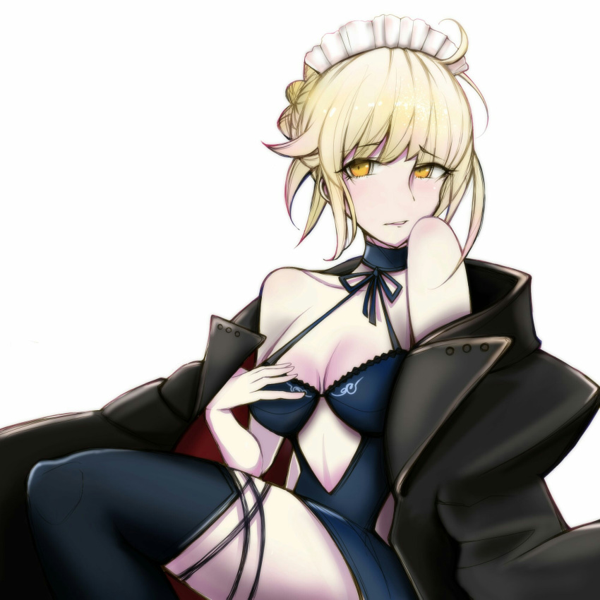 1girl ahoge alternate_costume artoria_pendragon_(all) artoria_pendragon_(swimsuit_rider_alter)_(fate) bare_shoulders blonde_hair blush braid breasts choker cleavage enmaided fate/grand_order fate_(series) french_braid hand_on_own_chest highres maid medium_breasts parted_lips partially_undressed saber_alter sitting solo swimsuit thigh-highs thighs white_background yellow_eyes