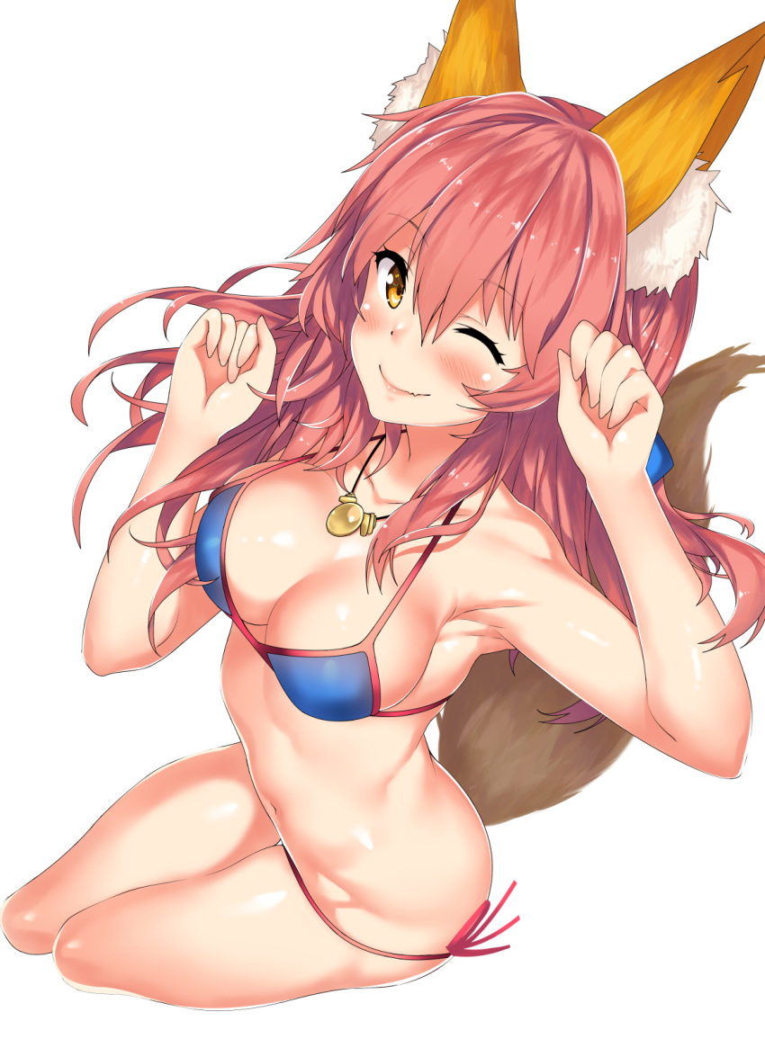 1girl animal_ears beach bikini blue_bikini blush breasts cleavage commentary day fate/extra fate/grand_order fate_(series) fox_ears fox_tail highres jewelry kawai large_breasts long_hair looking_at_viewer lying navel necklace on_back one_eye_closed pink_hair side-tie_bikini smile solo swimsuit tail tamamo_(fate)_(all) tamamo_no_mae_(swimsuit_lancer)_(fate) yellow_eyes