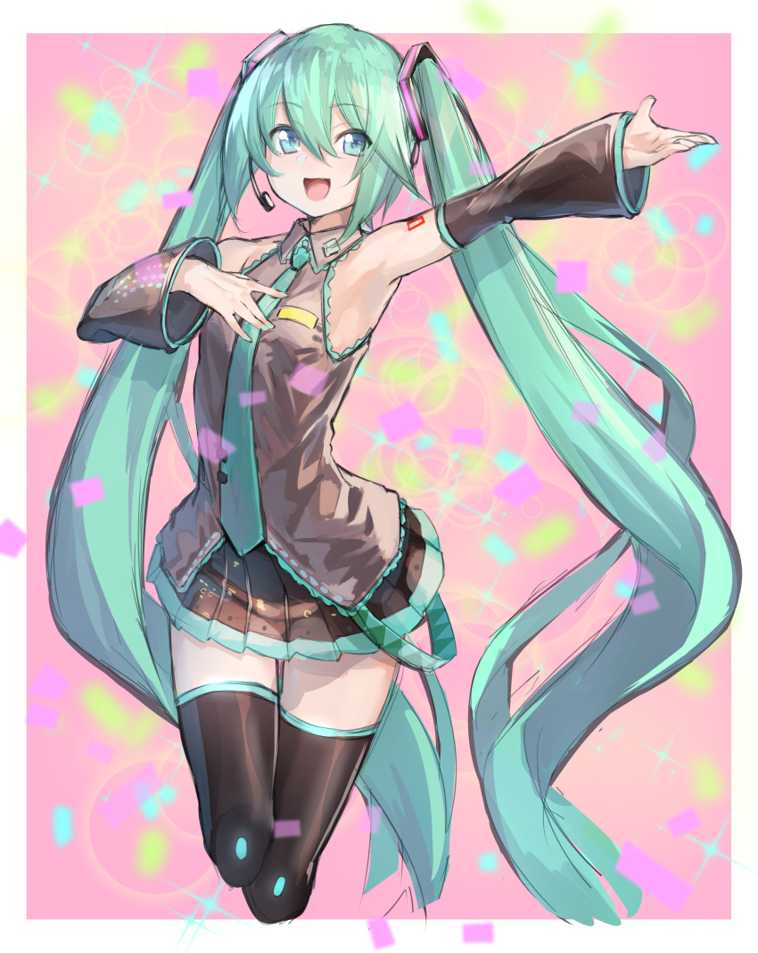 1girl absurdres aqua_hair armpits black_legwear boots commentary_request deluxe&lt;&lt;&lt; detached_sleeves hatsune_miku headset highres long_hair music nail_polish necktie open_mouth pleated_skirt singing skirt sleeveless solo thigh-highs thigh_boots twintails very_long_hair vocaloid