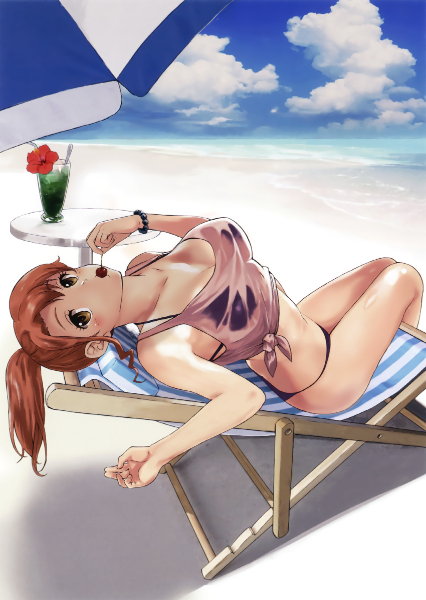 1girl absurdres arai_kei bangs bare_arms bare_legs bare_shoulders beach beach_chair bead_bracelet beads bikini bikini_under_clothes black_bikini blue_sky blush bracelet breasts brown_eyes brown_hair chair cherry cleavage clouds cloudy_sky cocktail collarbone crop_top cropped cup day drinking_glass eyebrows_visible_through_hair eyelashes fingernails flower food fruit full_body glass hibiscus highres holding holding_fruit jewelry large_breasts legs_together looking_at_viewer lounge_chair lying mouth_hold ocean on_back outdoors parted_bangs ponytail red_flower scan shirt side-tie_bikini sidelocks sky sleeveless sleeveless_shirt solo striped swimsuit table toranoana water waves