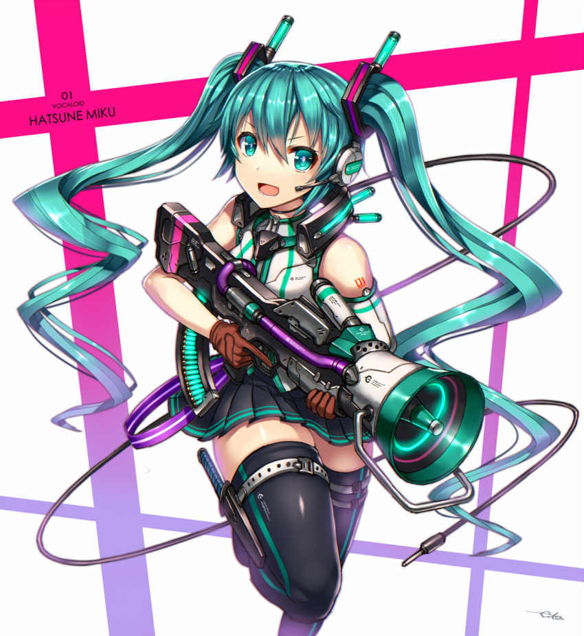 1girl bangs character_name copyright_name gia gloves hatsune_miku headset highres knife long_hair megaphone open_mouth pleated_skirt skirt solo thigh-highs thigh_strap trigger_discipline twintails vocaloid white_background