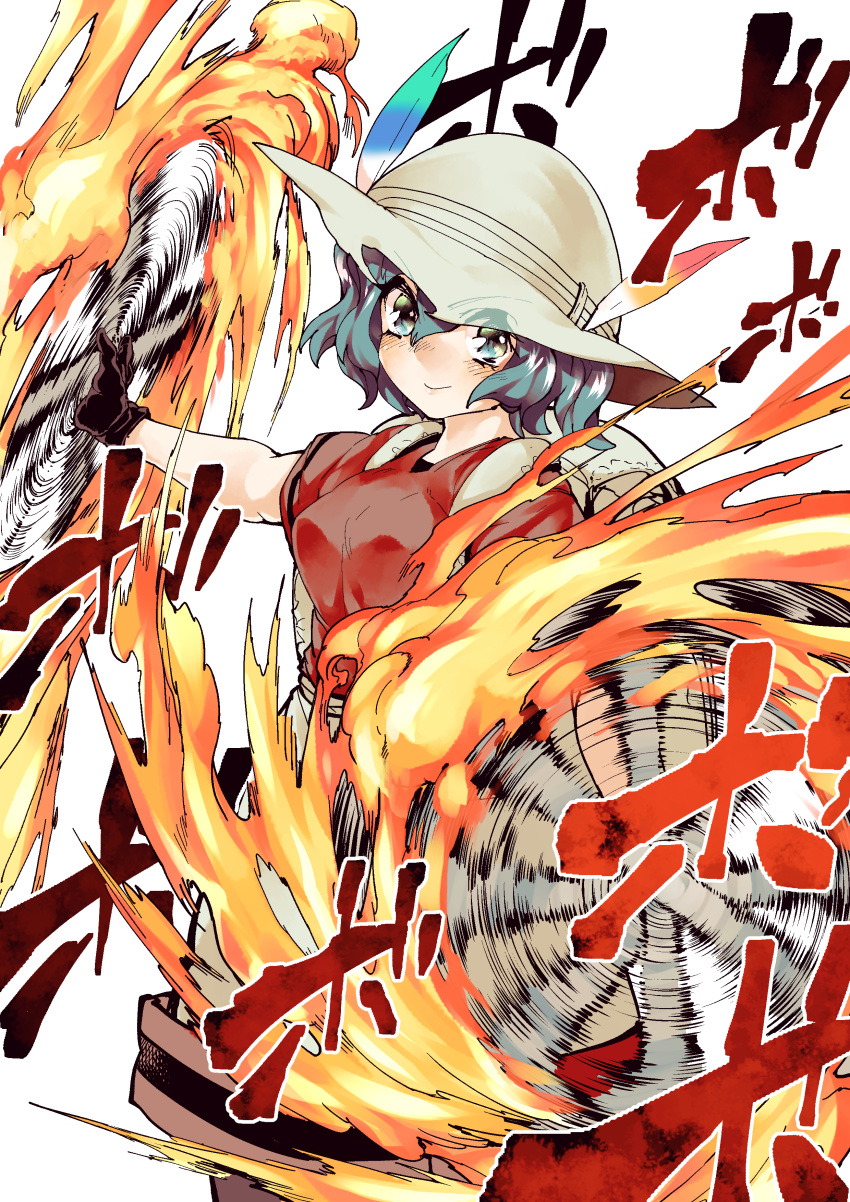 1girl absurdres afterimage backpack bag black_eyes black_gloves black_hair bucket_hat cowboy_shot fire gloves hair_between_eyes hat hat_feather highres kaban_(kemono_friends) kemono_friends looking_at_viewer motion_lines red_shirt shigurio shirt short_hair short_sleeves shorts simple_background smile solo sound_effects standing swirling wavy_hair white_background