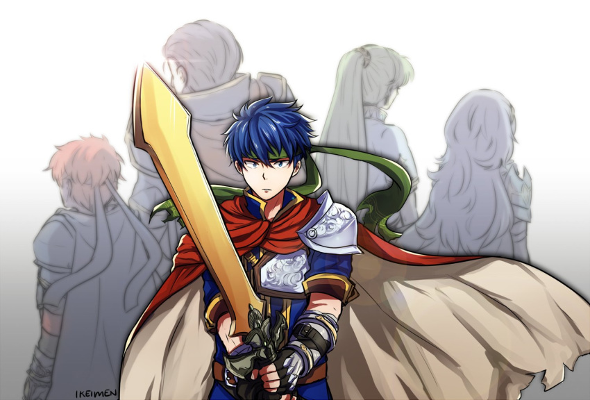 2girls 3boys armor blue_eyes blue_hair cape fire_emblem fire_emblem:_kakusei fire_emblem:_rekka_no_ken fire_emblem:_souen_no_kiseki green_hair headband hector_(fire_emblem) ike ikeimen long_hair looking_at_viewer lucina lyndis_(fire_emblem) multiple_boys ponytail ragnell redhead roy_(fire_emblem) short_hair sword weapon white_background