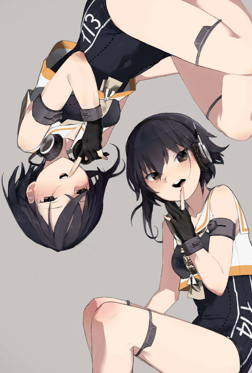 2girls asymmetrical_hair black_eyes black_hair black_swimsuit character_name framed_breasts gloves grey_background hageshii_nakano hair_between_eyes headphones highres i-13_(kantai_collection) i-14_(kantai_collection) index_finger_raised kantai_collection looking_at_viewer lying multiple_girls neckerchief no_hat no_headwear on_side open_mouth partly_fingerless_gloves sailor_collar school_swimsuit short_hair simple_background single_glove sisters swimsuit thighs twins upper_teeth