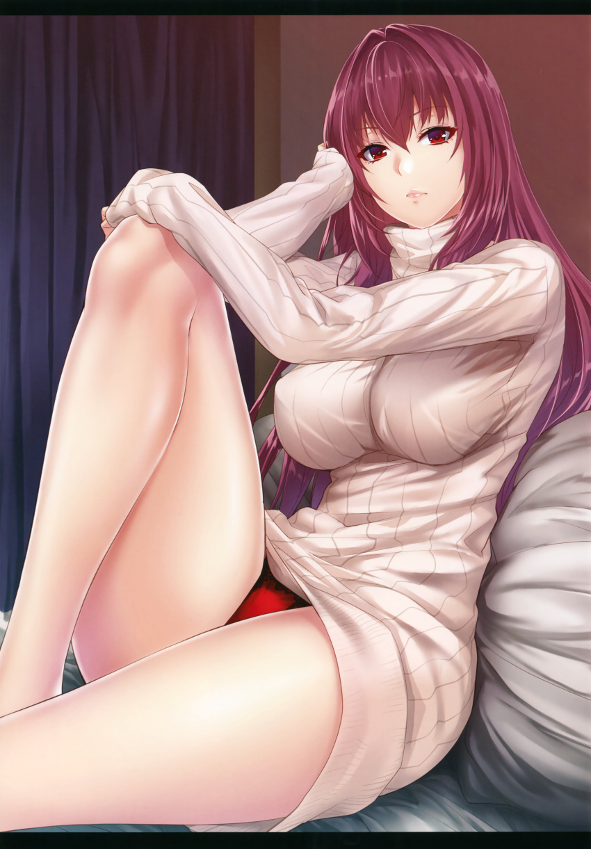 1girl absurdres bangs bare_legs barefoot bed bed_sheet bra breasts closed_mouth curtains dress erect_nipples eyebrows_visible_through_hair eyelashes fate/grand_order fate_(series) grey_sweater hair_between_eyes half-closed_eyes hand_on_own_head hand_on_own_knee head_rest highres huge_filesize indoors knee_up lace lace-trimmed_bra lace-trimmed_panties large_breasts legs letterboxed lips long_hair long_sleeves looking_at_viewer on_bed panties pantyshot pantyshot_(sitting) pink_lips purple_hair red_eyes ribbed_sweater scan scathach_(fate/grand_order) sitting sitting_on_bed solo sweater sweater_dress turtleneck turtleneck_sweater underwear zucchini
