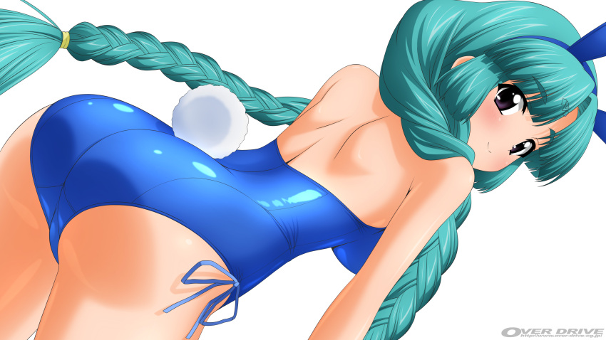 1girl absurdres aqua_hair ass blue_leotard blush braid breasts bunny_girl bunny_tail canal_vorfeed cleavage cowboy_shot detached_collar detached_sleeves facial_mark forehead_mark green_hair highres large_breasts leotard long_hair looking_at_viewer looking_back lost_universe shiny shiny_clothes shiny_hair shiny_skin simple_background smile solo sugimura_tomokazu tail twin_braids violet_eyes white_background