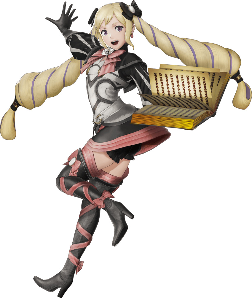1girl blonde_hair bloomers book boots bow dress earrings elise_(fire_emblem_if) fire_emblem fire_emblem_if fire_emblem_musou full_body gloves hair_bow hair_ornament highres holding holding_book jewelry long_hair long_sleeves looking_at_viewer one_leg_raised open_mouth puffy_sleeves short_dress smile solo thigh-highs thigh_boots transparent_background twintails underwear violet_eyes