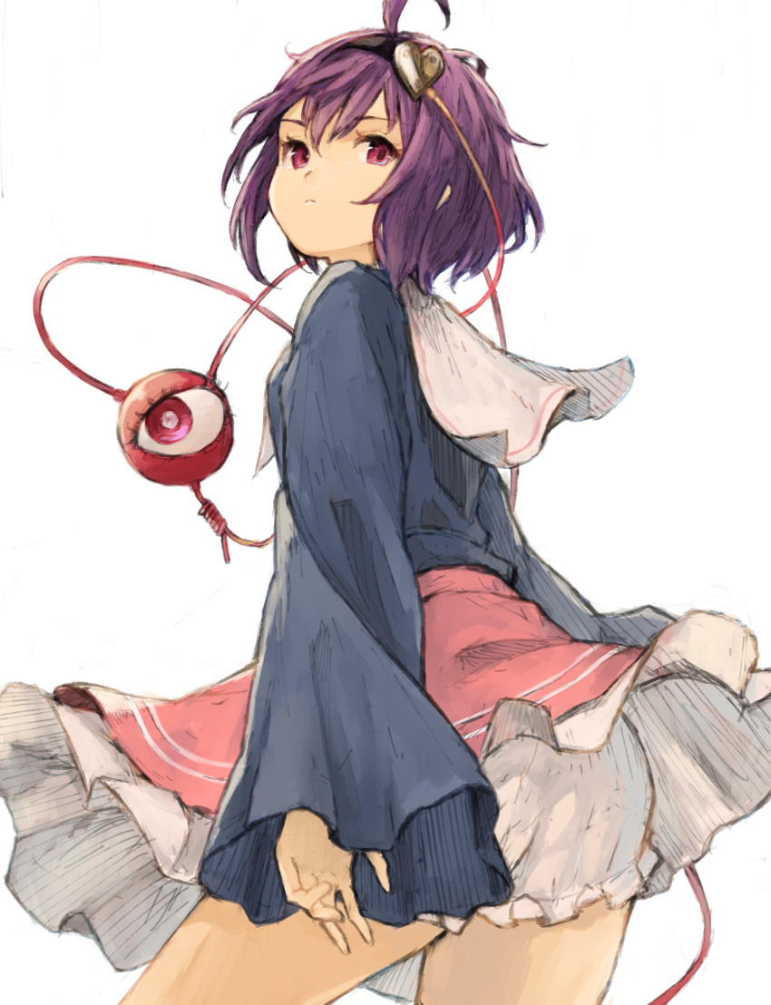 1girl absurdres ahoge bloomers blue_shirt hairband heart highres komeiji_satori koretsuki_azuma long_sleeves looking_afar looking_to_the_side miniskirt pink_eyes pink_skirt purple_hair shirt short_hair simple_background skirt solo third_eye touhou underwear white_background wide_sleeves