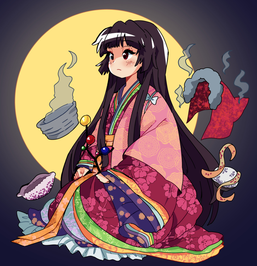 1girl absurdres black_hair blush branch floral_print full_body full_moon highres houraisan_kaguya japanese_clothes jeweled_branch_of_hourai kimono long_hair long_sleeves moon obi pink_kimono raburine red_eyes sash sitting solo tagme touhou wide_sleeves