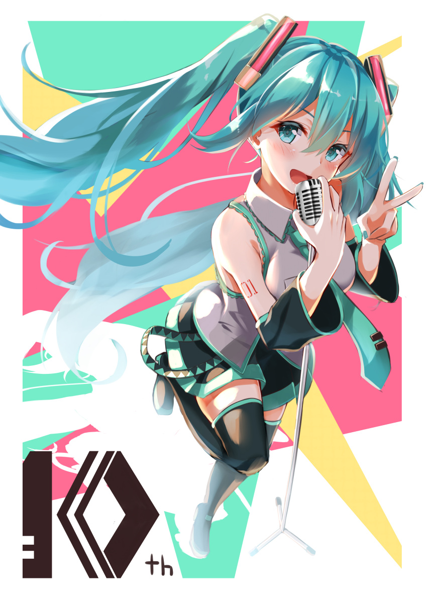 1girl absurdres aqua_eyes aqua_hair boots commentary_request detached_sleeves hatsune_miku highres long_hair microphone microphone_stand mirea necktie revision skirt solo thigh-highs thigh_boots twintails v very_long_hair vocaloid