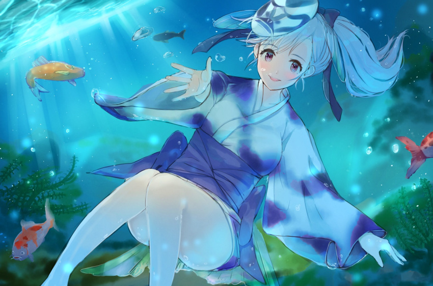 1girl ancolatte_(onikuanco) blue_hair bow bubble fish japanese_clothes jinmen-gyo_(kemono_friends) kemono_friends kimono mask mask_on_head open_mouth ponytail underwater violet_eyes water