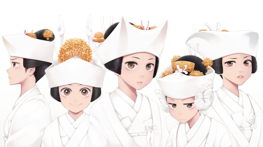 5girls black_hair blush bride brown_eyes closed_mouth expressionless flower grumpy hair_flower hair_ornament height_difference horns japanese_clothes jitome kimono lips looking_at_viewer looking_away multiple_girls parted_lips profile short_hair simple_background smile tassel tied_hair uchikake upper_body white white_background white_kimono yajirushi_(chanoma)