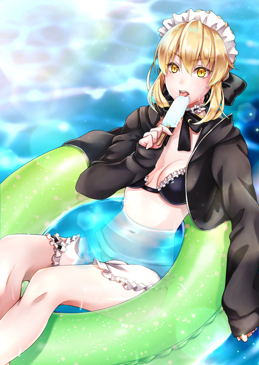 1girl alternate_costume artoria_pendragon_(all) artoria_pendragon_(swimsuit_rider_alter)_(fate) bikini black_ribbon blonde_hair breasts cleavage enmaided fate/grand_order fate_(series) food highres innertube lace lace-trimmed_bikini lace_choker licking maid maid_headdress medium_breasts neck_ribbon popsicle ribbon saber saber_alter sleeves_past_wrists slit_pupils sweat swimsuit water yellow_eyes