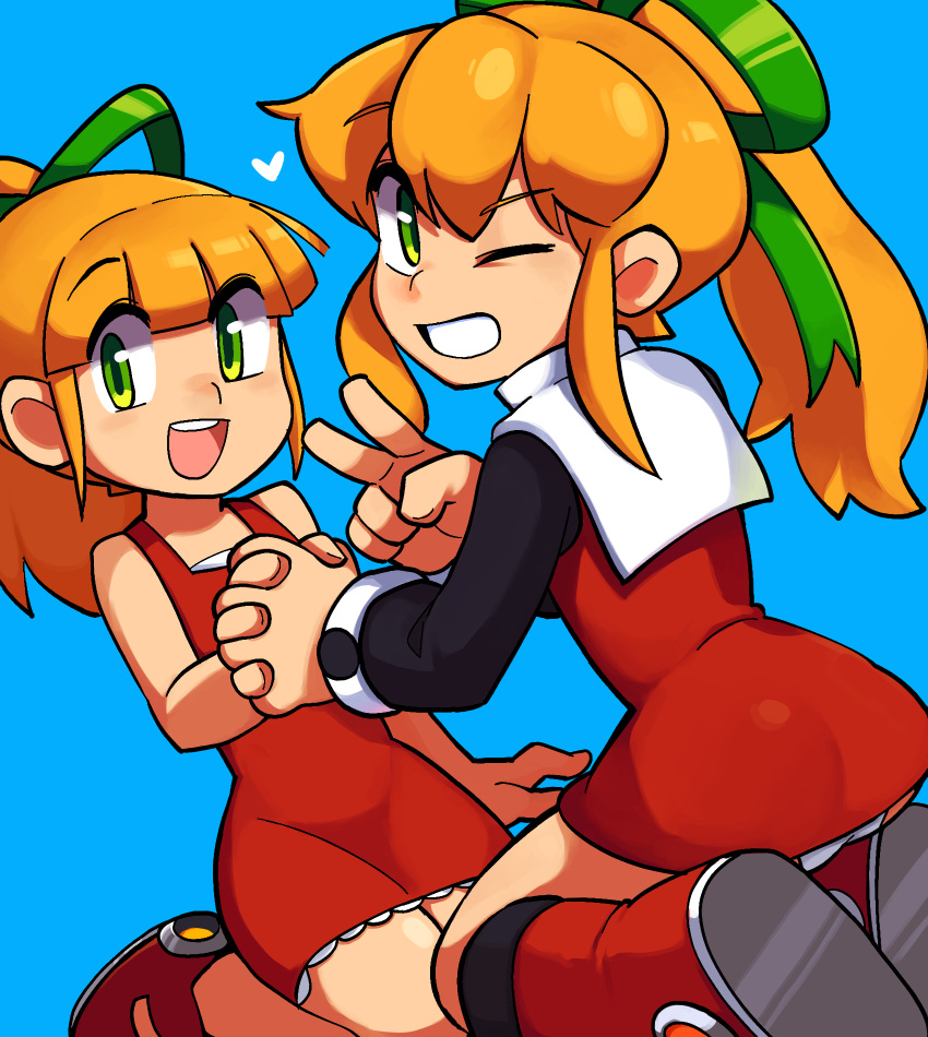 2girls :d ;d ass bangs bare_shoulders black_shirt blonde_hair blue_background blunt_bangs boots dress dual_persona flat_chest frilled_dress frills from_behind green_eyes green_ribbon hair_between_eyes hair_ribbon hand_holding heart highres interlocked_fingers knee_boots lkll long_hair long_sleeves looking_at_viewer multiple_girls no_legwear one_eye_closed open_mouth panties pantyshot pantyshot_(sitting) ponytail red_boots red_dress red_shoes ribbon rockman rockman_(classic) roll seiza shirt shoes sidelocks simple_background sitting sleeveless sleeveless_dress smile teeth undershirt underwear v white_panties