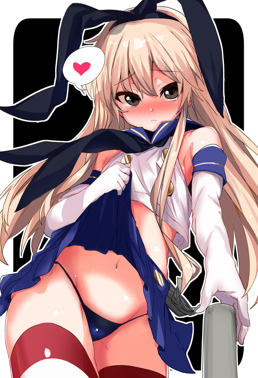 1girl absurdres bangs blonde_hair blue_panties blue_skirt blush brown_eyes buttons cowboy_shot crop_top elbow_gloves gloves hair_ribbon hairband heart highleg highleg_panties highres kantai_collection lifted_by_self long_hair looking_at_viewer miniskirt navel neckerchief panties pleated_skirt ribbon sailor_collar shimakaze_(kantai_collection) skirt skirt_lift solo spoken_heart striped striped_legwear thigh-highs underwear white_gloves zuwatake