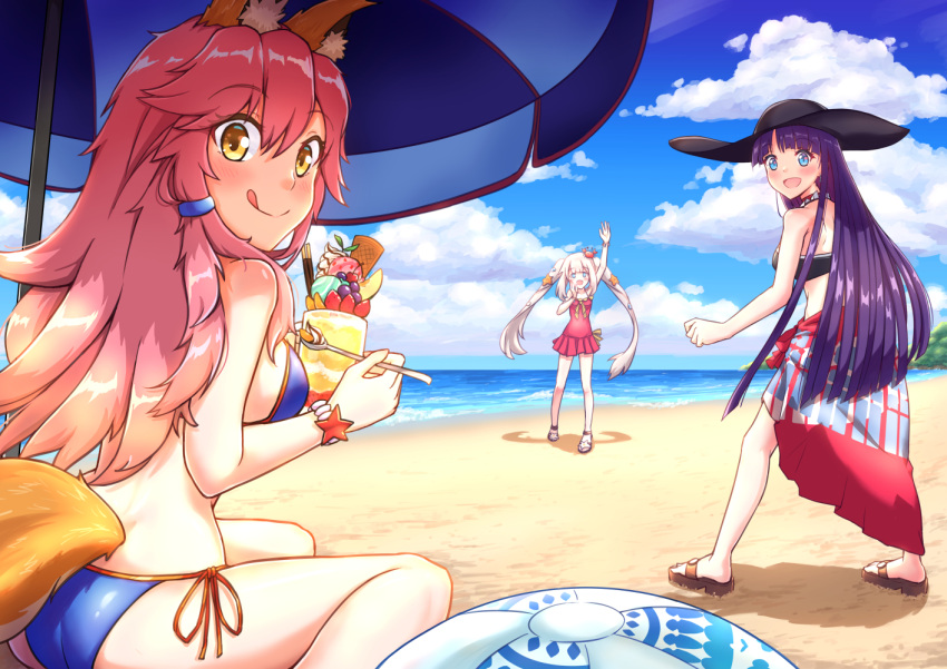 3girls animal_ears bikini blue_bikini blue_eyes blush breasts choker cleavage day dress earrings fate/grand_order fate_(series) food fox_ears fox_tail hat ice jewelry large_breasts long_hair looking_at_viewer marie_antoinette_(fate/grand_order) marie_antoinette_(swimsuit_caster)_(fate) medium_breasts multiple_girls ocean open_mouth outdoors parasol pink_hair profnote purple_hair saint_martha saint_martha_(swimsuit_ruler)_(fate) silver_hair sitting sky summer swimsuit tail tamamo_(fate)_(all) tamamo_no_mae_(swimsuit_lancer)_(fate) tongue twintails umbrella yellow_eyes