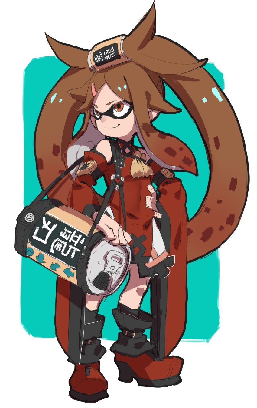 1girl absurdres ankle_boots bag beer_can boots brown_eyes brown_hair can china_dress chinese_clothes cosplay detached_sleeves domino_mask dress flat_chest full_body guilty_gear hair_ring hair_tubes highres inkling kuradoberi_jam kuradoberi_jam_(cosplay) long_hair makai mask oversized_object solo splatoon tentacle_hair twintails very_long_hair