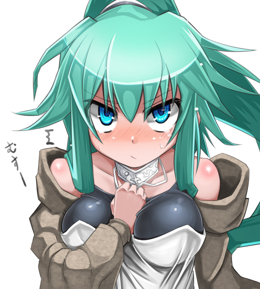 1girl between_breasts blue_eyes blush breasts collarbone duel_monster green_hair hair_ornament hand_between_breasts highres jacket jewelry large_breasts long_hair looking_at_viewer off_shoulder ponytail solo spirit-edge sweat winda_priestess_of_gusto yu-gi-oh!