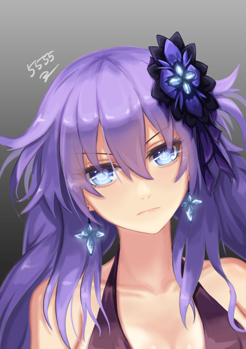 1girl 5555_96 absurdres blue_eyes braid breasts cleavage highres long_hair looking_at_viewer neptune_(series) purple_hair purple_heart solo symbol-shaped_pupils twin_braids