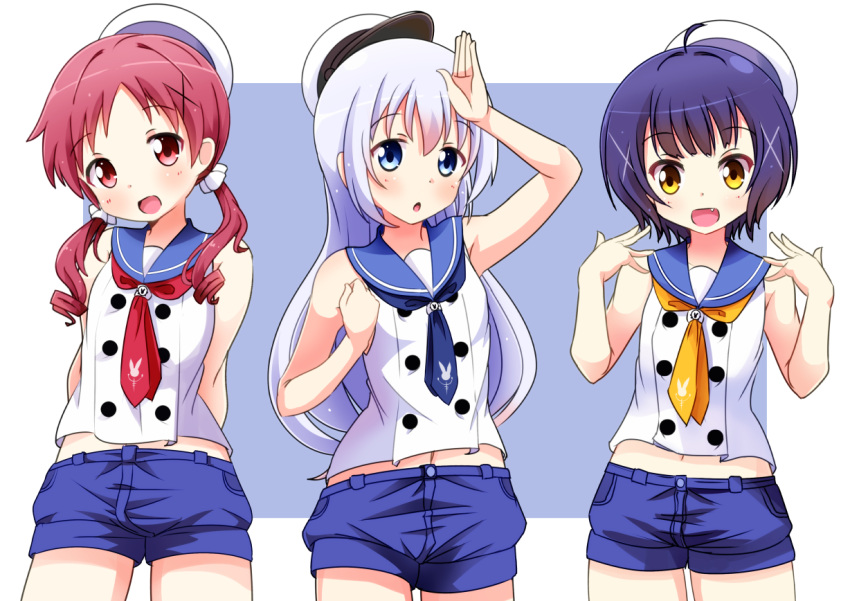 3girls :d :o arm_up arms_behind_back bare_shoulders beret blue_eyes blue_hair blue_neckerchief blue_sailor_collar blue_shorts chimame-tai commentary_request cowboy_shot eyebrows_visible_through_hair flat_chest gochuumon_wa_usagi_desu_ka? hair_ornament hair_scrunchie hairclip hat jouga_maya kafuu_chino light_blue_hair long_hair looking_at_viewer matching_outfit midriff multiple_girls naruse_mai natsu_megumi navel neckerchief open_mouth peaked_cap red_eyes red_neckerchief redhead sailor_collar scrunchie shirt short_hair short_shorts shorts sleeveless sleeveless_shirt smile standing twintails two-tone_background white_hat white_shirt x_hair_ornament yellow_eyes yellow_neckerchief
