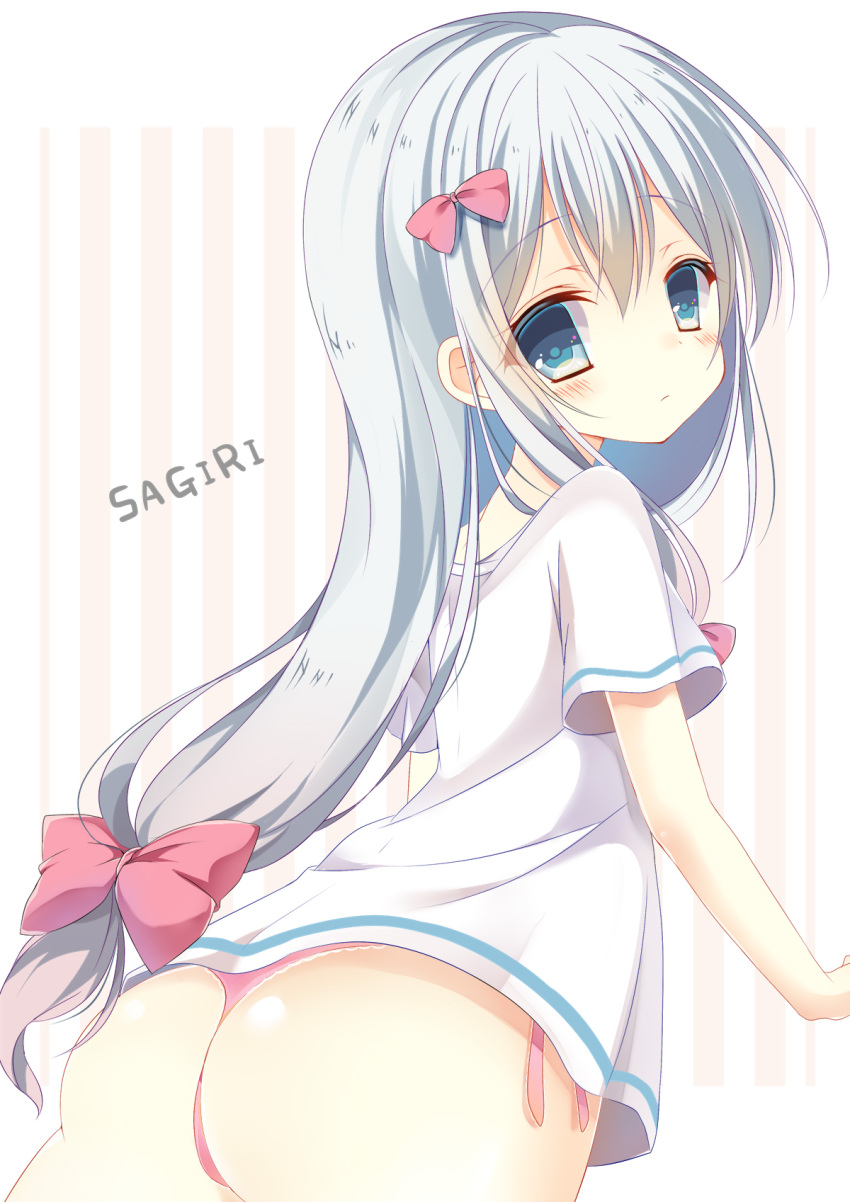 1girl ass blue_eyes blush bow character_name closed_mouth commentary_request eromanga_sensei eyebrows_visible_through_hair hair_between_eyes hair_bow highres izumi_sagiri lace lace-trimmed_panties long_hair looking_at_viewer looking_back low-tied_long_hair no_pants panties pink_bow pink_panties shiiba_nae shiny shiny_skin shirt short_sleeves side-tie_panties silver_hair solo striped tareme underwear vertical-striped_background vertical_stripes very_long_hair white_shirt