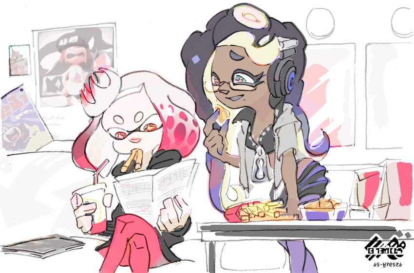 2girls black_hair chicken_nuggets cropped_jacket crown dark_skin eating food french_fries gradient_hair inoue_seita logo long_hair marina_(splatoon) mcdonald's multicolored_hair multiple_girls octarian official_art pantyhose pearl_(splatoon) pink_eyes poster short_hair sitting splatoon splatoon_2 tentacle_hair violet_eyes white_hair