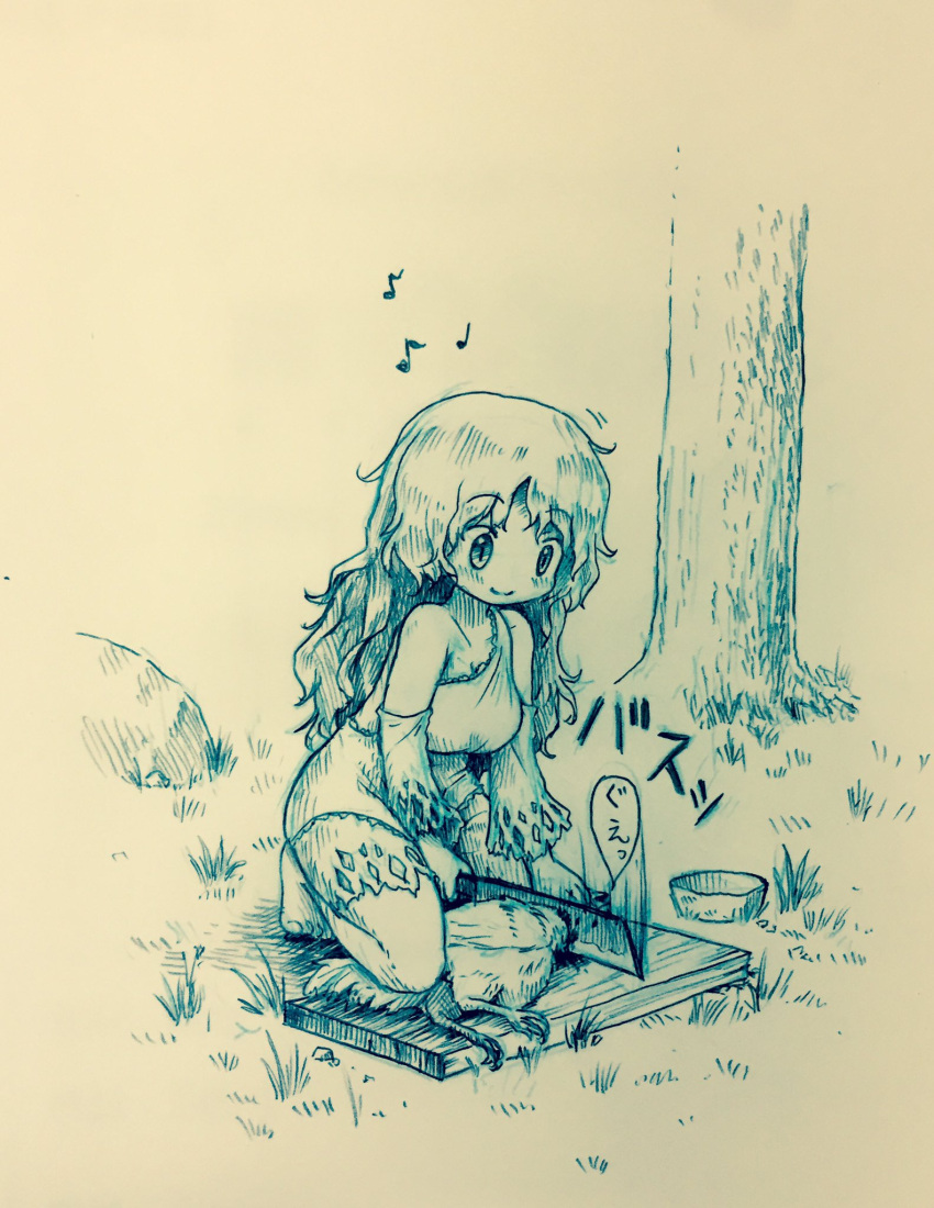 1girl arinu bird blood blush chicken commentary commentary_request cutting_board highres knife monochrome sakata_nemuno short_hair smile solo touhou tree