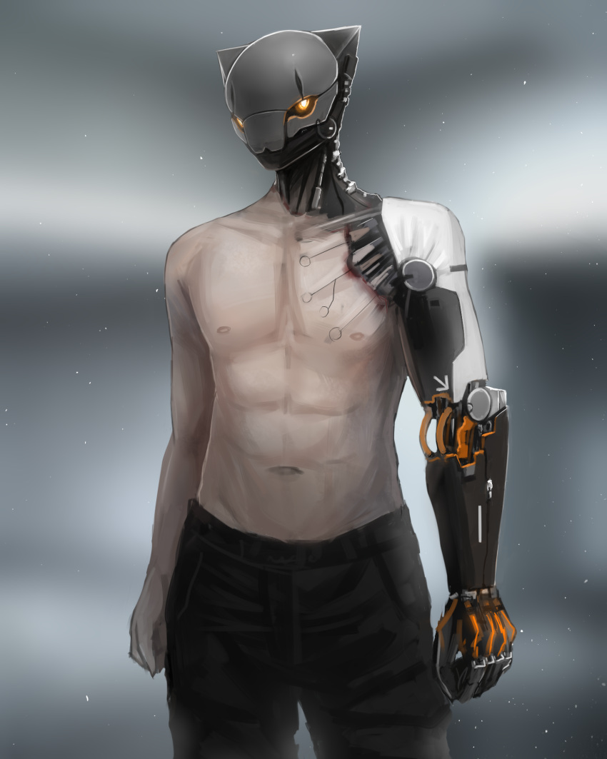 1boy cyberpunk cyborg highres kasagarasu mechanical_arm original prosthesis science_fiction solo topless