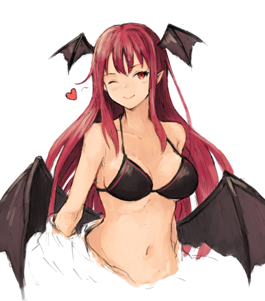 1girl bad_id bad_twitter_id bangs bare_shoulders black_bikini_top breasts closed_mouth demon_wings halter_top halterneck head_wings highres koakuma koretsuki_azuma long_hair looking_at_viewer medium_breasts navel one_eye_closed pointy_ears red_eyes redhead simple_background sketch smile solo touhou white_background wings