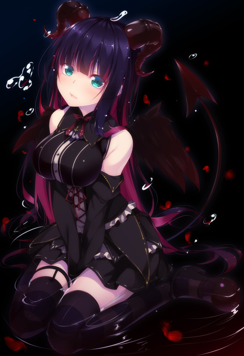 1girl aqua_eyes bangs between_legs black_legwear black_shoes black_wings blush breasts closed_mouth demon_horns demon_tail detached_sleeves eyebrows_visible_through_hair feathered_wings hand_between_legs highres horns large_breasts long_hair mary_janes multicolored_hair panty_&amp;_stocking_with_garterbelt purple_hair ripples shoes shokuyou_mogura sitting solo stocking_(psg) striped striped_legwear tail thigh-highs thighs two-tone_hair very_long_hair wariza water_drop wings