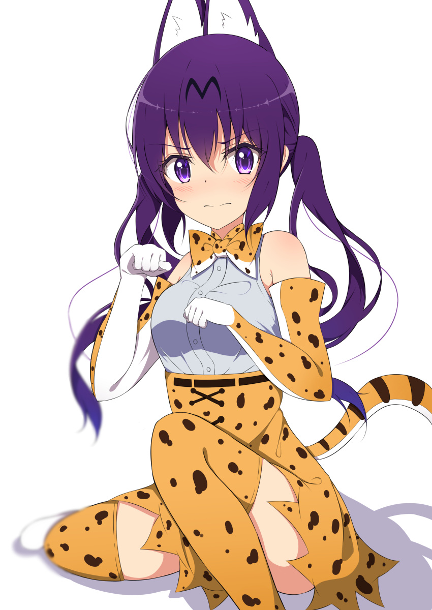 1girl 3: absurdres animal_ears bangs bare_shoulders belt blush bow bowtie breasts buttons closed_mouth commentary_request cosplay elbow_gloves eyebrows_visible_through_hair gloves gochuumon_wa_usagi_desu_ka? hair_between_eyes highres kemono_friends long_hair looking_at_viewer medium_breasts mottsun_(i_40y) purple_hair serval_(kemono_friends) serval_(kemono_friends)_(cosplay) serval_ears serval_print serval_tail shadow shirt sidelocks sitting skirt sleeveless sleeveless_shirt solo tail tedeza_rize thigh-highs twintails very_long_hair violet_eyes wavy_mouth white_background white_shirt zettai_ryouiki