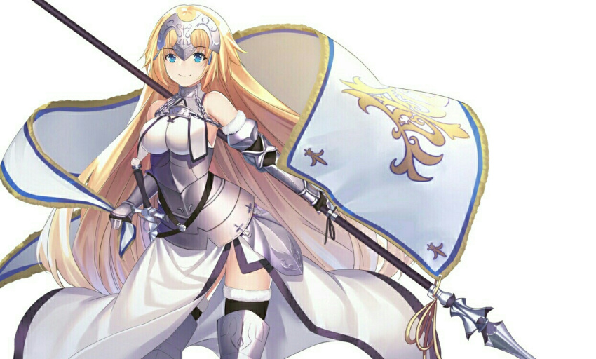 1girl armor armored_dress blonde_hair blue_eyes breasts capelet chains ellenprince181 fate/apocrypha fate/grand_order fate_(series) faulds flag fur_trim gauntlets headpiece looking_at_viewer plackart ruler_(fate/apocrypha) simple_background solo thigh-highs white_background