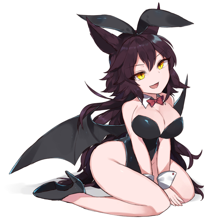 1girl absurdres animal_ears bat_wings black_hair black_leotard bow bowtie breasts bunny_tail bunnysuit character_request cleavage detached_collar full_body highres leotard long_hair medium_breasts mikomo0106 phantasy_star phantasy_star_online_2 rabbit_ears red_bow red_bowtie simple_background sitting slit_pupils solo strapless strapless_leotard tail wariza white_background wings wrist_cuffs yellow_eyes