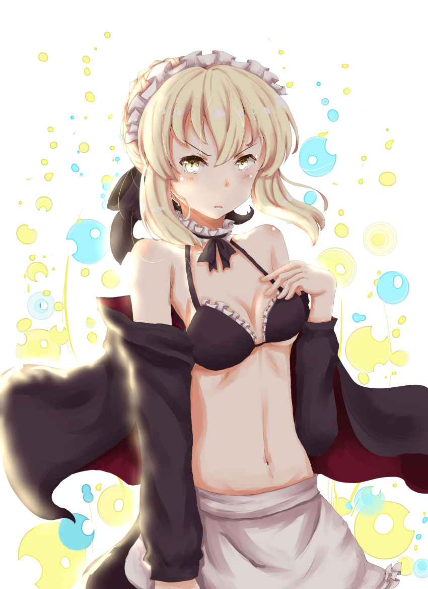 1girl absurdres alternate_costume apron artoria_pendragon_(all) artoria_pendragon_(swimsuit_rider_alter)_(fate) bare_shoulders bikini black_ribbon blonde_hair blush breasts choker cleavage d:&lt; enmaided fate/grand_order fate_(series) ge_ma groin hair_ribbon hand_on_own_chest highres lace_choker long_hair looking_at_viewer maid maid_apron medium_breasts navel off_shoulder ribbon ribbon_choker saber_alter swimsuit
