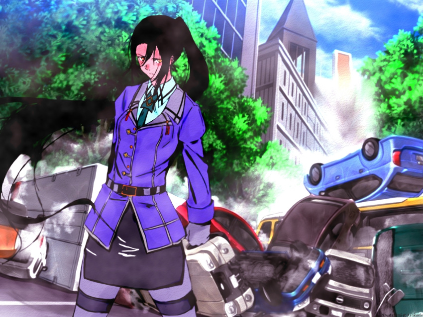 1girl belt black_hair brown_eyes car car_crash city clouds commentary_request day ground_vehicle highres kantai_collection long_sleeves motor_vehicle nachi_(kantai_collection) pantyhose ponytail remodel_(kantai_collection) skirt tree