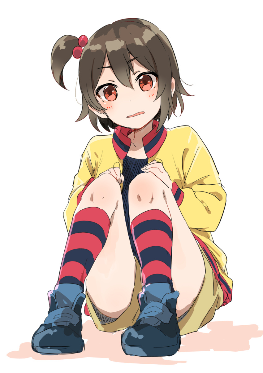 1girl blue_footwear brown_hair child hair_bobbles hair_ornament hands_on_own_knees highres jacket kneehighs love_live! love_live!_school_idol_project monsieur one_side_up open_clothes open_jacket open_mouth red_eyes red_legwear shoes shorts simple_background sitting solo striped striped_legwear wavy_mouth white_background yazawa_kokoa yellow_jacket