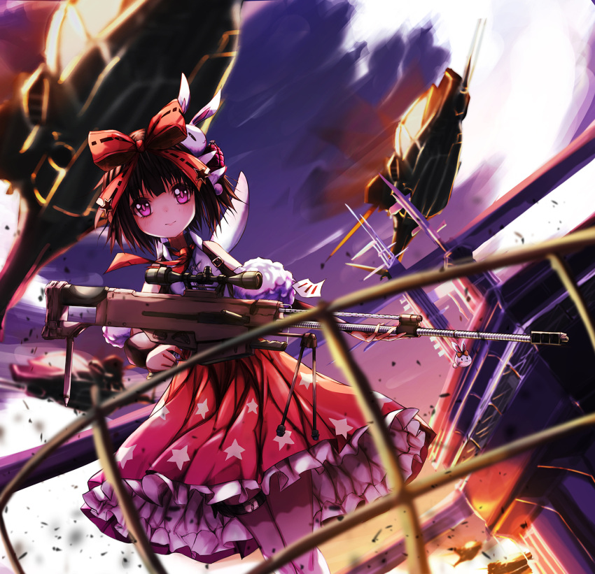 1girl :&gt; aircraft blush bow brown_hair bunny_hair_ornament closed_mouth clouds collared_shirt commentary dutch_angle girls_frontline gun hair_bow hair_ornament helicopter highres holding holding_gun holding_weapon m99_(girls_frontline) necktie outdoors pink_eyes railing red_bow red_necktie red_skirt roon shirt skirt sky sleeveless sleeveless_shirt solo standing star star_print sunset weapon weapon_request white_shirt wind wing_collar