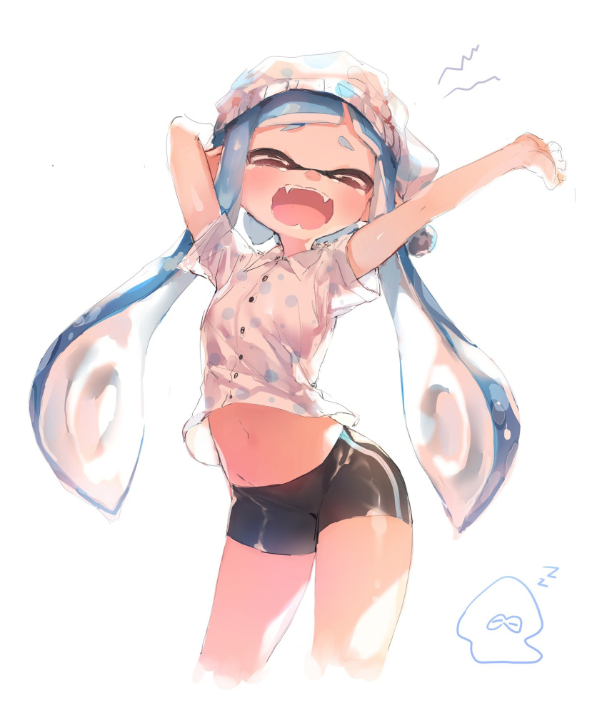 1girl arms_up bike_shorts blue_hair blush closed_eyes cropped_legs domino_mask fangs happy hat highres inkling long_hair mask navel open_mouth pajamas polka_dot shirt short_sleeves sleeping smile splatoon splatoon_2 sprbouuz stomach stretch yawning zzz