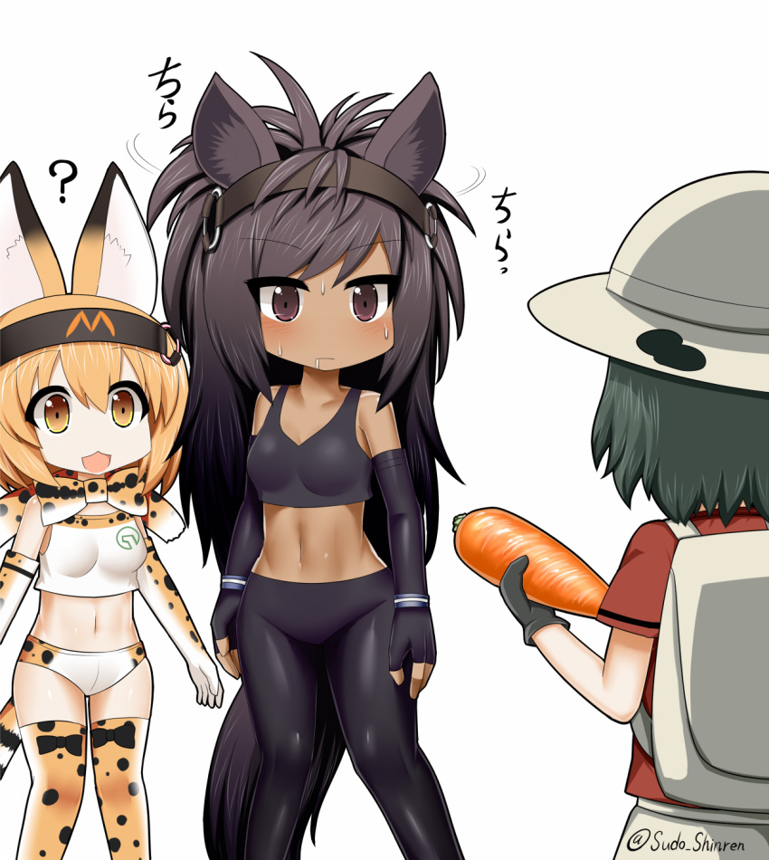 :3 ? animal_ears backpack bag black_gloves black_hair black_legwear blush bow bowtie brown_eyes brown_thoroughbred_(kemono_friends) bucket_hat carrot dark_skin drooling elbow_gloves fingerless_gloves food fur_collar gloves hat headband highres holding holding_food horse_ears horse_tail japan_racing_association kaban_(kemono_friends) kemono_friends long_hair midriff orange_bow orange_bowtie orange_eyes orange_hair pantyhose red_shirt serval_(kemono_friends) serval_ears serval_print serval_tail shaking_head shirt sports_bra striped_tail sudo_shinren sweat tail translation_request