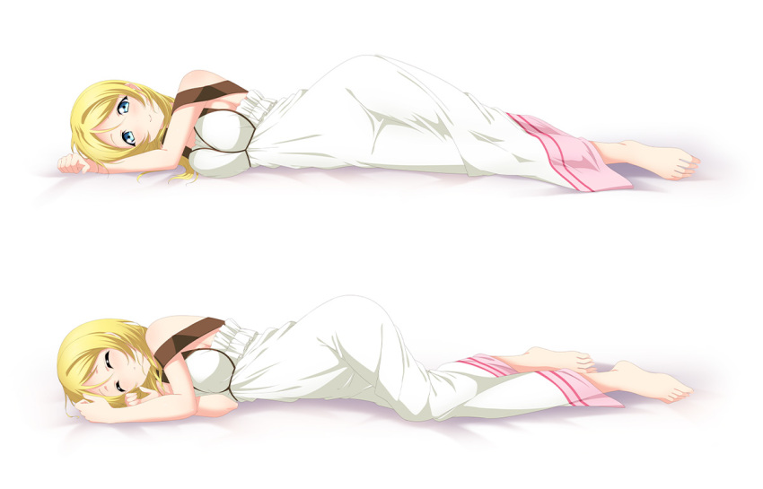 1girl ayase_eli barefoot blonde_hair blue_eyes closed_eyes dress from_side full_body long_dress long_hair looking_at_viewer love_live! love_live!_school_idol_project lying music_s.t.a.r.t!! on_side simple_background sleeping sleeveless sleeveless_dress smile solo white_background white_dress yu-ta
