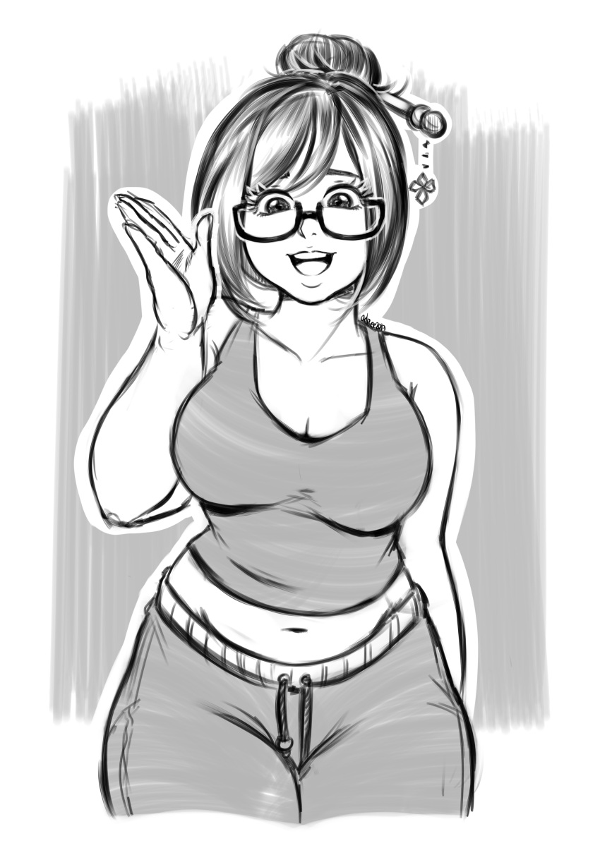 1girl absurdres artist_name black-framed_eyewear breasts cleavage collarbone cowboy_shot eyelashes glasses grey_background hair_bun hair_ornament hair_stick highres large_breasts looking_at_viewer mei_(overwatch) midriff monochrome navel odree open_mouth overwatch pants plump semi-rimless_glasses signature simple_background sketch smile snowflake_hair_ornament solo sweatpants tank_top under-rim_glasses upper_teeth white_background