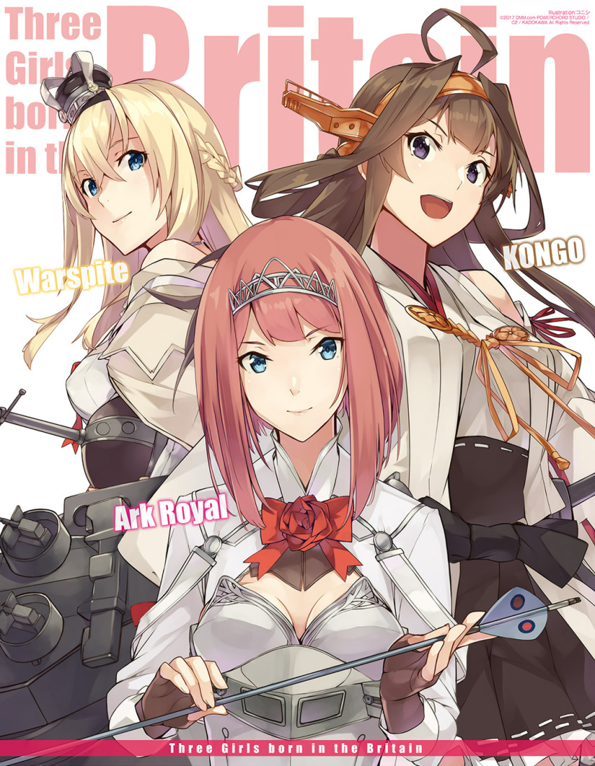 3girls ahoge ark_royal_(kantai_collection) arrow bangs blonde_hair blue_eyes bob_cut braid brown_hair corset crown detached_sleeves double_bun dress fingerless_gloves french_braid gloves hair_between_eyes hairband headgear highres japanese_clothes jewelry kantai_collection kongou_(kantai_collection) konishi_(koconatu) long_sleeves looking_at_viewer machinery mini_crown multiple_girls necklace nontraditional_miko off-shoulder_dress off_shoulder official_art red_ribbon redhead ribbon ribbon-trimmed_sleeves ribbon_trim scepter short_hair tiara violet_eyes warspite_(kantai_collection) white_dress