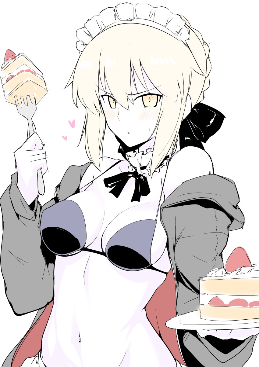 &gt;:o 1girl :o absurdres artoria_pendragon_(all) artoria_pendragon_(swimsuit_rider_alter)_(fate) bangs bare_shoulders bikini black_bikini black_jacket black_ribbon blush braid breasts cake collar commentary_request detached_collar fate/grand_order fate/stay_night fate_(series) food fork french_braid frilled_collar frills fruit hair_ribbon harukon_(halcon) heart highres hood hoodie jacket maid_headdress navel neck_ribbon off_shoulder open_clothes open_jacket pale_skin ribbon saber_alter silver_hair simple_background small_breasts solo strawberry swimsuit waist white_background yellow_eyes