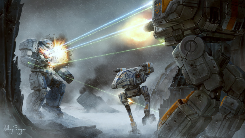 ambush anthony_scroggins_(shimmering_sword) atlas_(battletech) battle battletech blizzard bullet_hole chasing commentary damaged dirty energy_beam energy_cannon explosion fleeing insignia laser_beam mecha mechwarrior raven_(battletech) realistic rocket_launcher ruins science_fiction signature smoke snow snowing space_craft stalker_(battletech) walker weapon wreckage