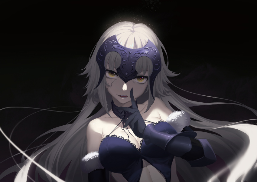 1girl :d black_background black_bra black_gloves bra breasts cleavage collarbone elbow_gloves fangs fate/grand_order fate_(series) floating_hair gloves highres index_finger_raised jeanne_alter large_breasts long_hair looking_at_viewer maomaozi open_mouth ruler_(fate/apocrypha) silver_hair simple_background smile solo underwear upper_body very_long_hair yellow_eyes