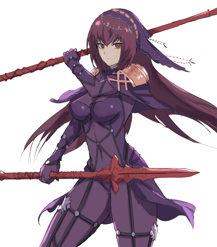 1girl absurdres bodysuit breasts closed_mouth covered_navel cowboy_shot dual_wielding fate/grand_order fate_(series) gae_bolg hair_intakes highres holding holding_weapon long_hair looking_at_viewer medium_breasts pauldrons purple_bodysuit purple_hair quentin_lecuiller red_eyes scathach_(fate/grand_order) solo veil weapon