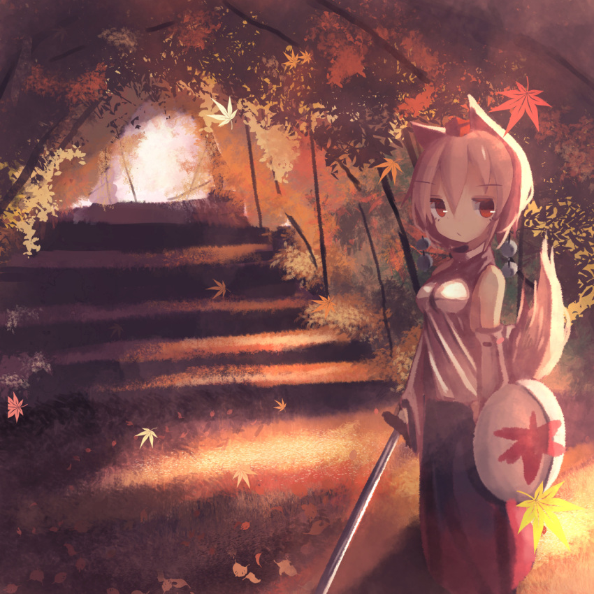 1girl :/ animal_ears autumn autumn_leaves backlighting breasts cowboy_shot dappled_sunlight day detached_sleeves expressionless falling_leaves forest hat high_collar highres inubashiri_momiji leaf looking_at_viewer maple_leaf nature outdoors red_eyes red_skirt shield skirt small_breasts solo stairs sunlight sword tail ti_owo tokin_hat touhou weapon wolf_ears wolf_tail