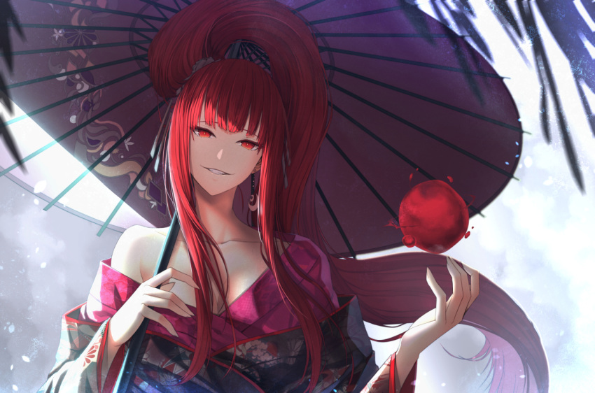 1girl bangs breasts clouds cloudy_sky collarbone earrings hair_ornament head_tilt high_ponytail holding japanese_clothes jewelry kimono limeblock long_hair long_sleeves looking_at_viewer off_shoulder orb oriental_umbrella original red_eyes redhead sidelocks sky smile standing umbrella upper_body wide_sleeves